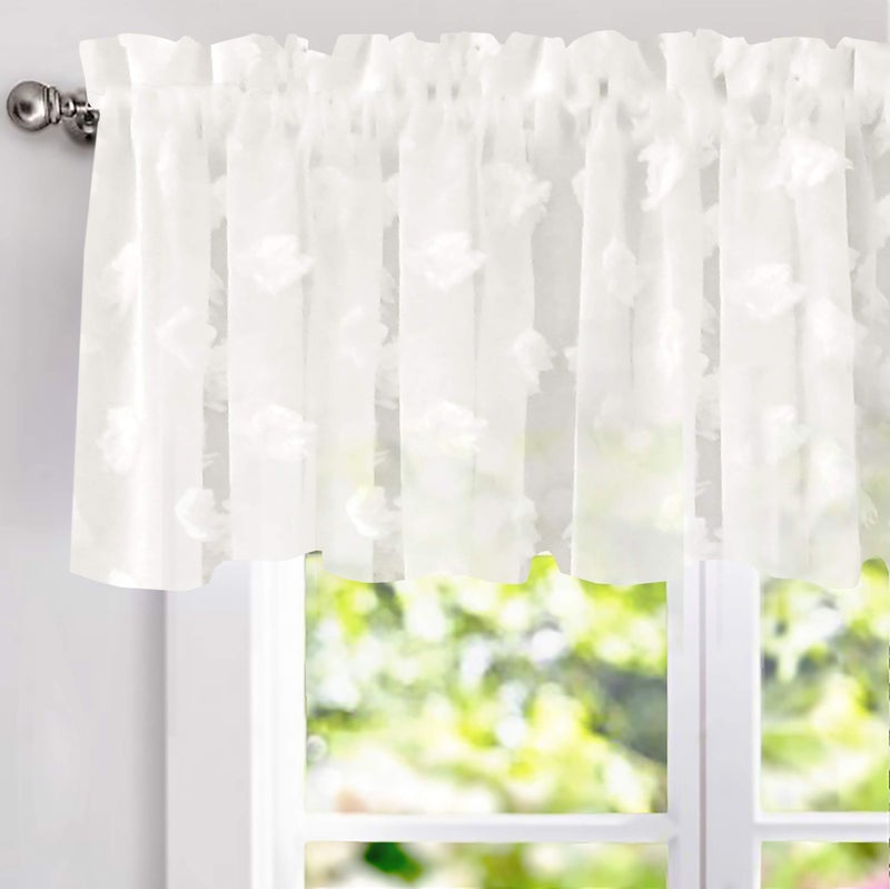 DriftAway Kitchen Curtain Valance for Windows 18 Inch White Sheer Voile Chiffon Curtains for Bedroom Living Room Embroidered Pom Pom Light Filtering Rod Pocket Extra Wide Window Toppers 1 Panel - Image 1